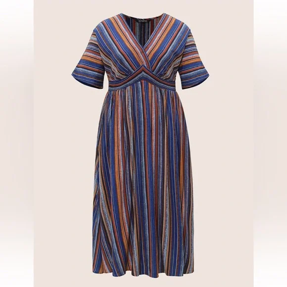 BloomChic Striped Contrast Dolman Sleeve Shirred Pocket Split Flutter Dress - Picture 6 of 7